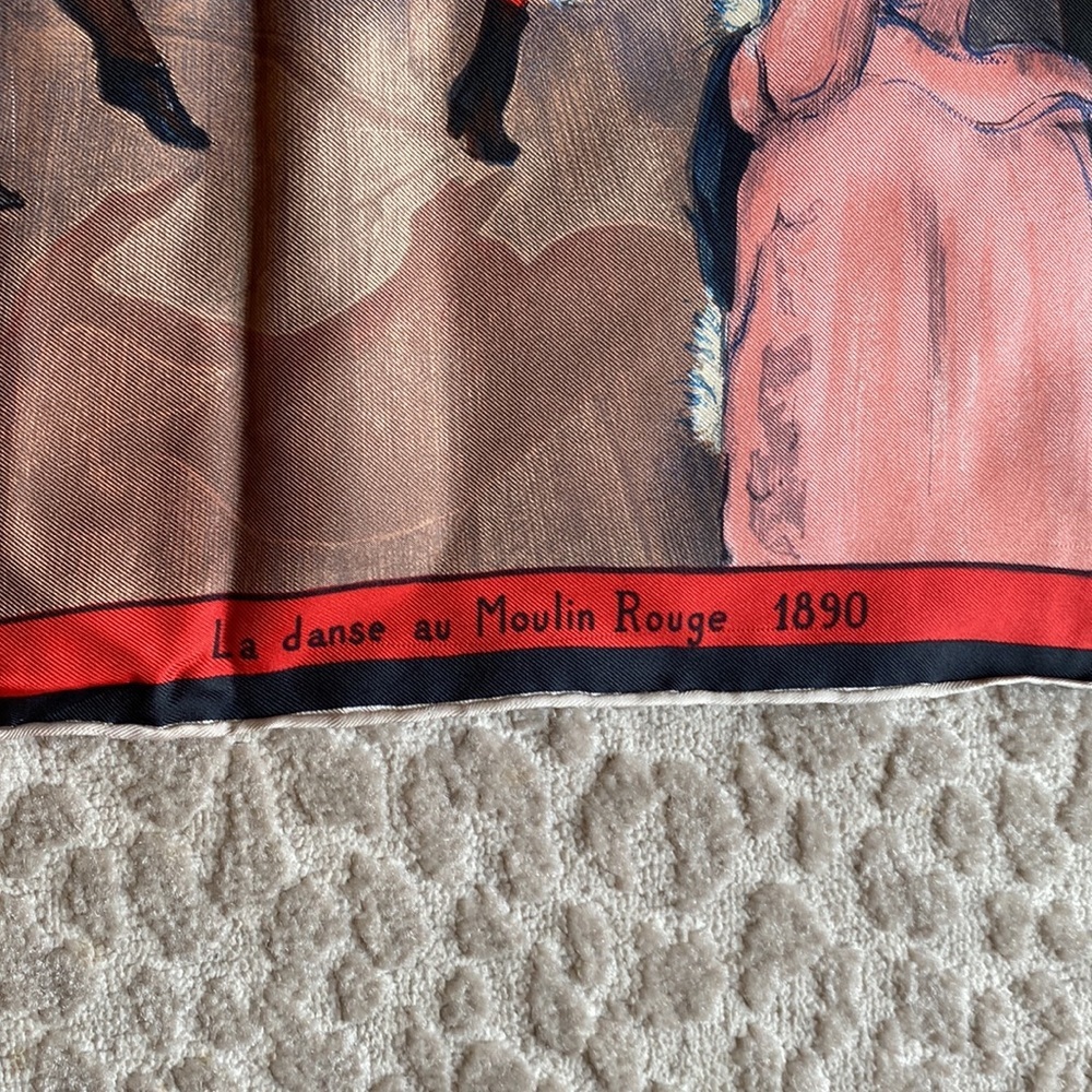 Toulouse Lautrec Moulin Rouge Art Themed Red Silk Scarf, 30” square - Picture 7 of 10